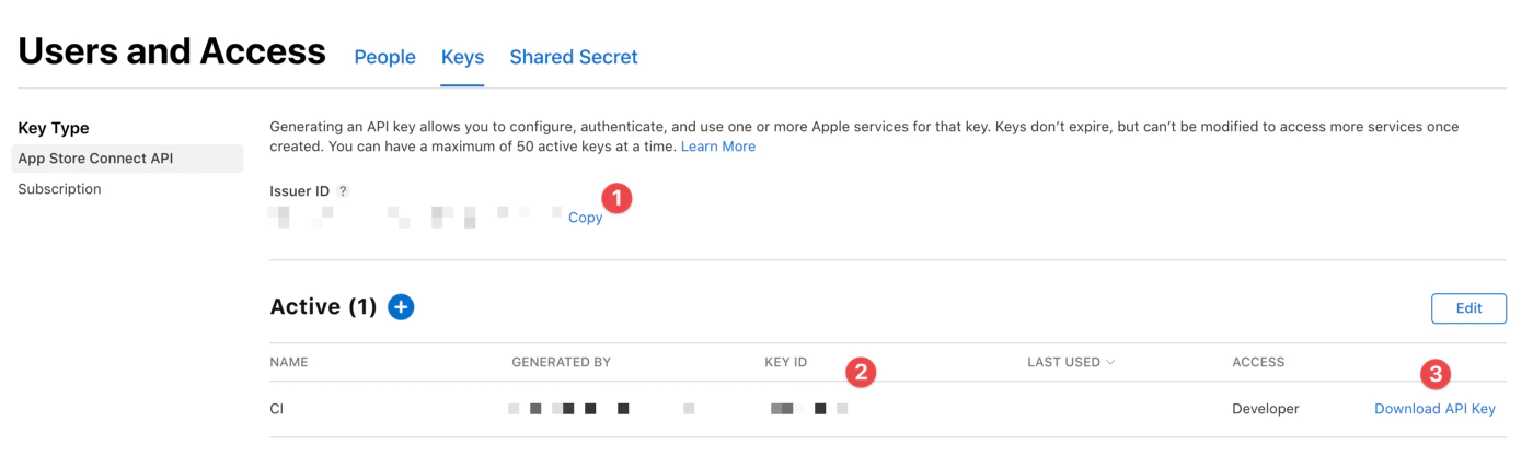 App Store Connect download keys